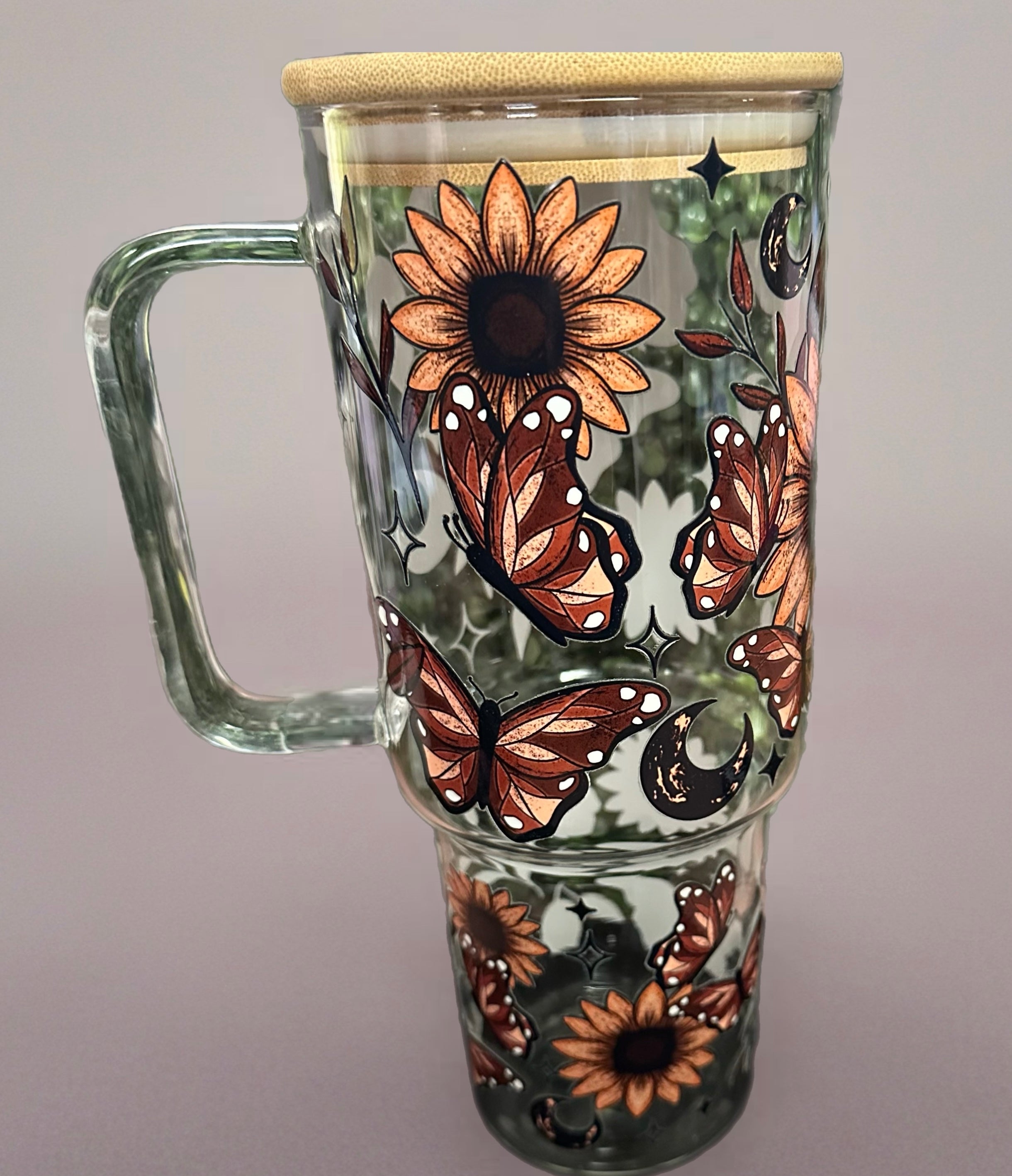 🌻 40oz Sunflower & Butterfly Glass Tumbler 🌙🦋