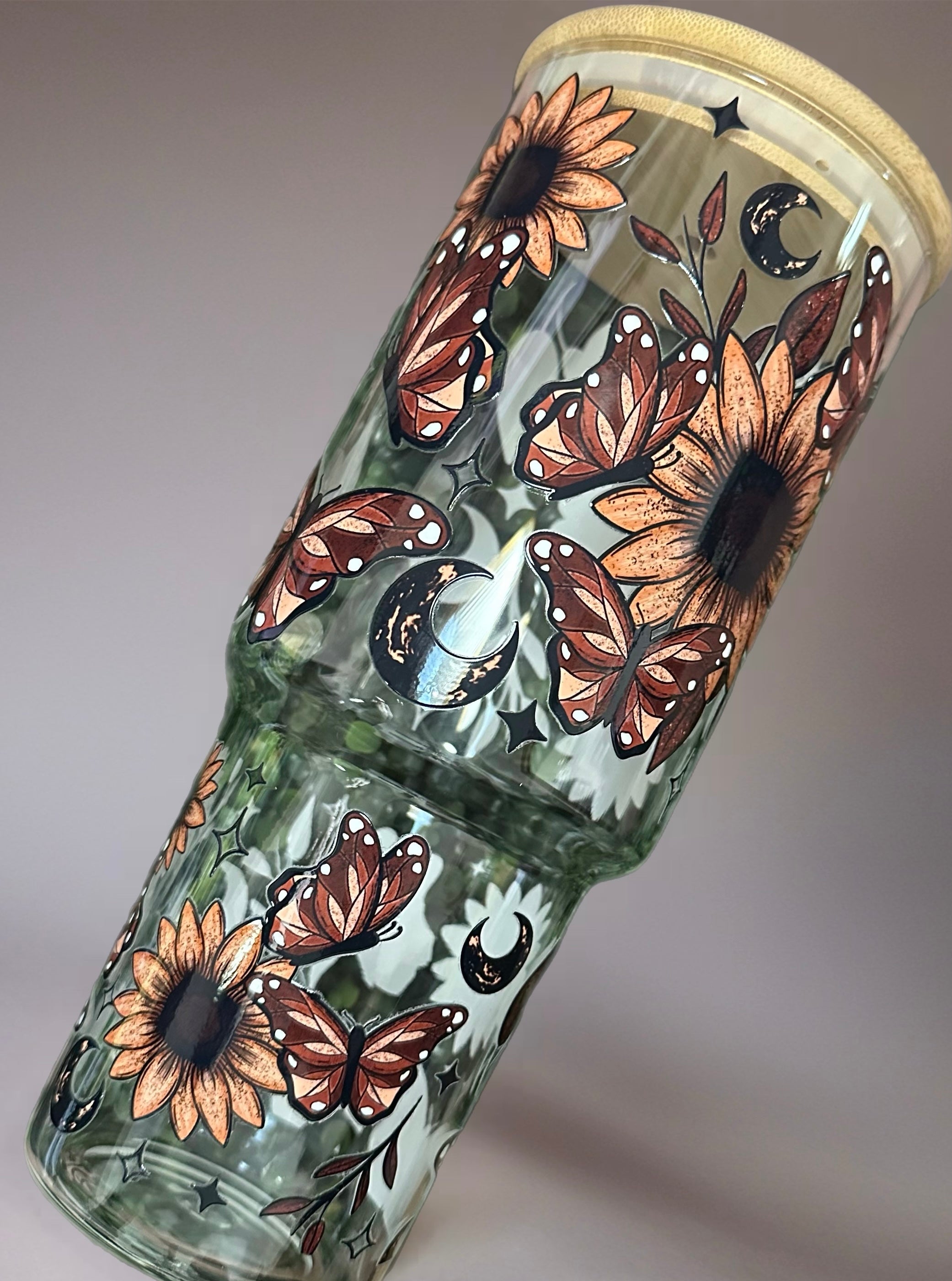 🌻 40oz Sunflower & Butterfly Glass Tumbler 🌙🦋